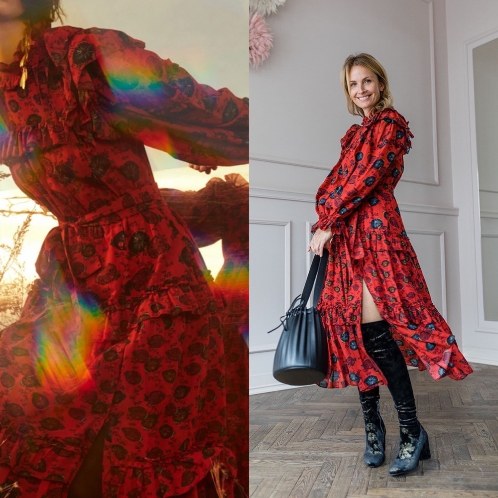 ULLA JOHNSON Winnifred Floral Ruffle Tiered Dress in Poppy Floral Sz 4